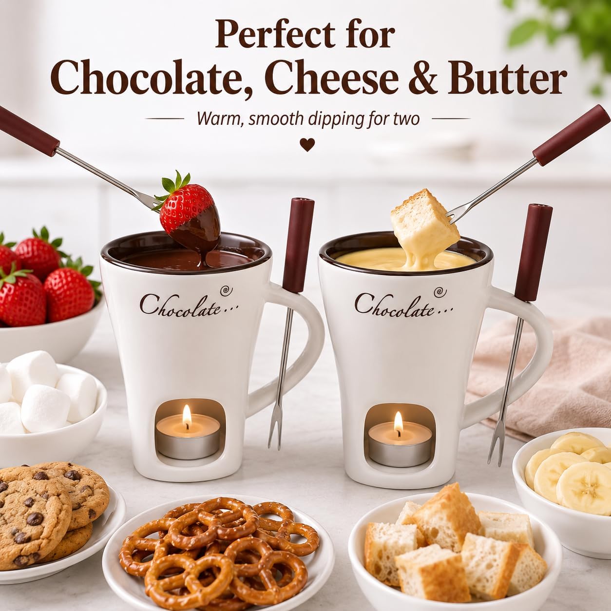 Fondue Pot Ceramic - Tatlı Seramik Fondü Kupası ve Çatallarıyla