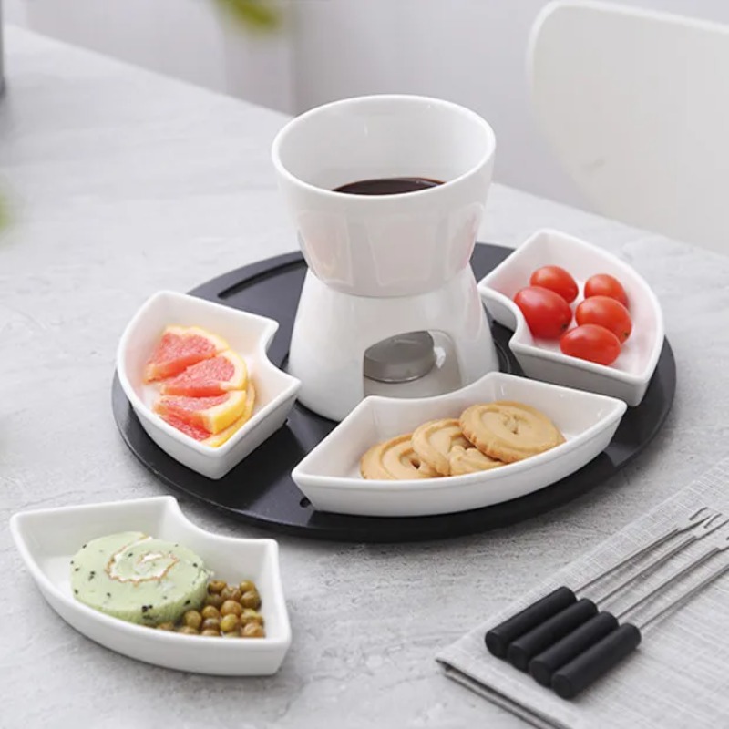 Fondue Pot Ceramic - Beyaz Sırlı Seramik Çikolata Fondü Tencere