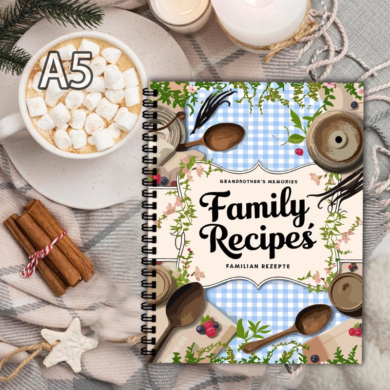 Home Cooking Book - A5 tarif kitabı, mavi kareli desen,